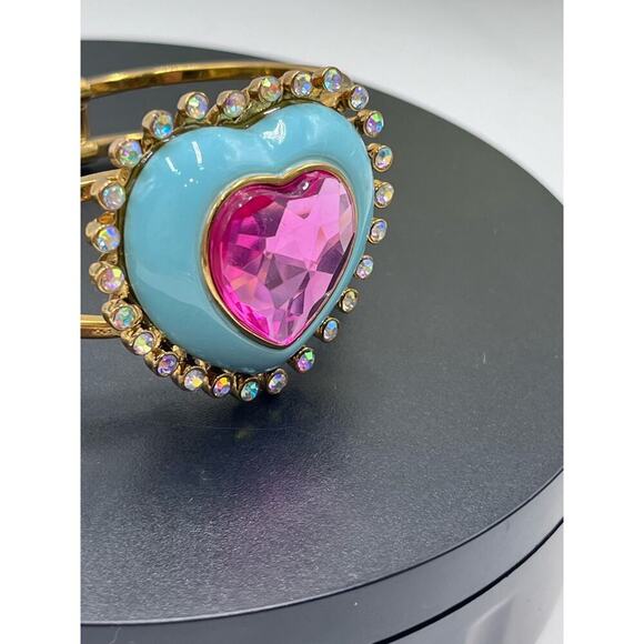 Betsey Johnson Signed Candy Land Pink Heart Rhinestone Blue Enamel Bangle - Picture 5 of 16